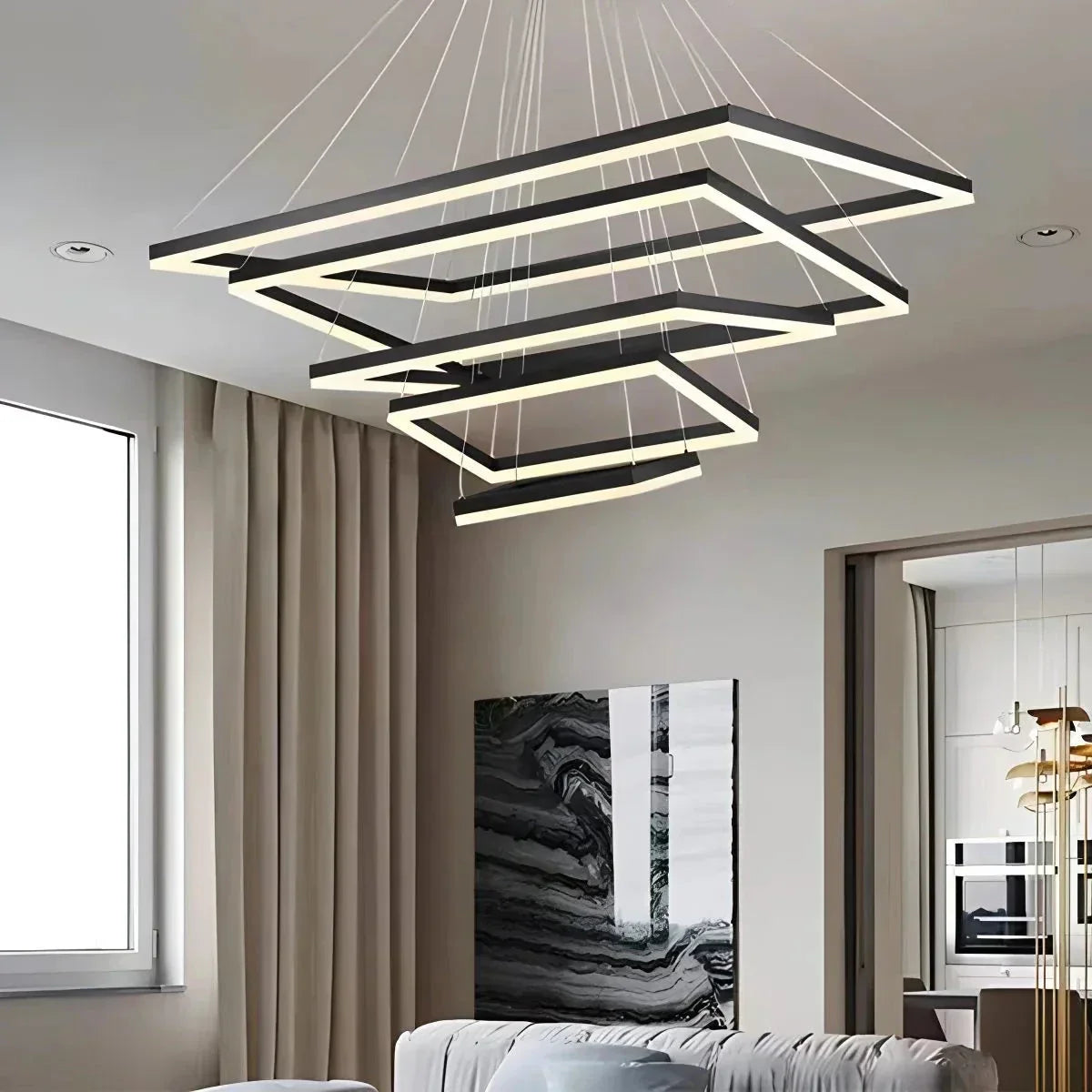 Modern Black Tiered Rectangular Chandelier For Contemporary Interiors