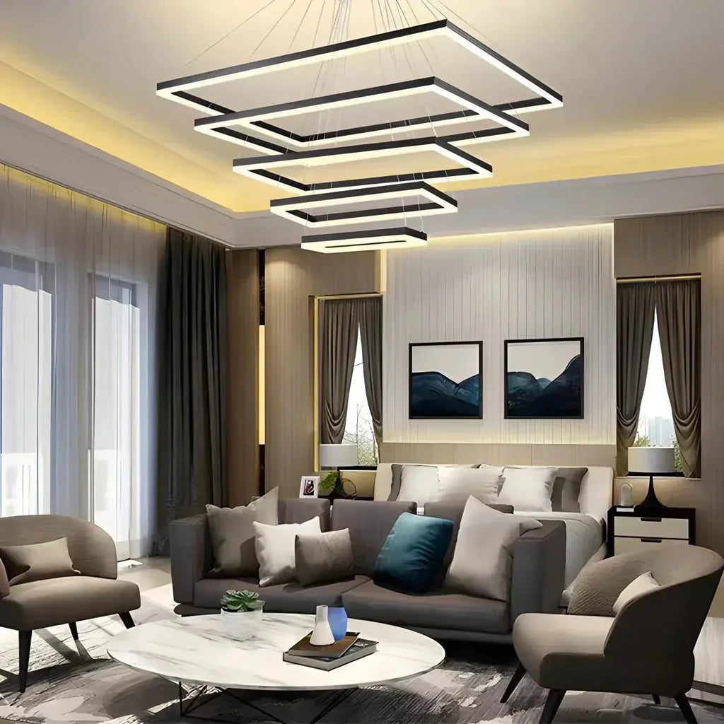 Modern Black Tiered Rectangular Chandelier For Contemporary Interiors