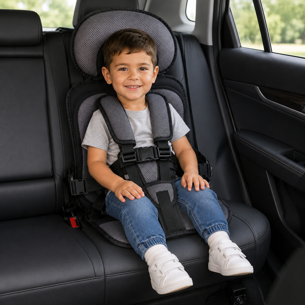 Travel Buddy Foldable Booster Car Seat With Five Point Harness For Travel Convenience
