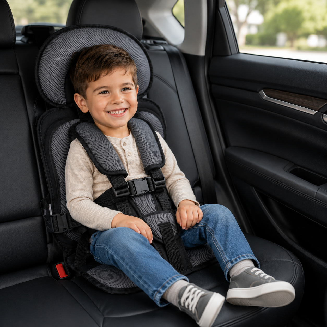 Travel Buddy Foldable Booster Car Seat With Five Point Harness For Travel Convenience