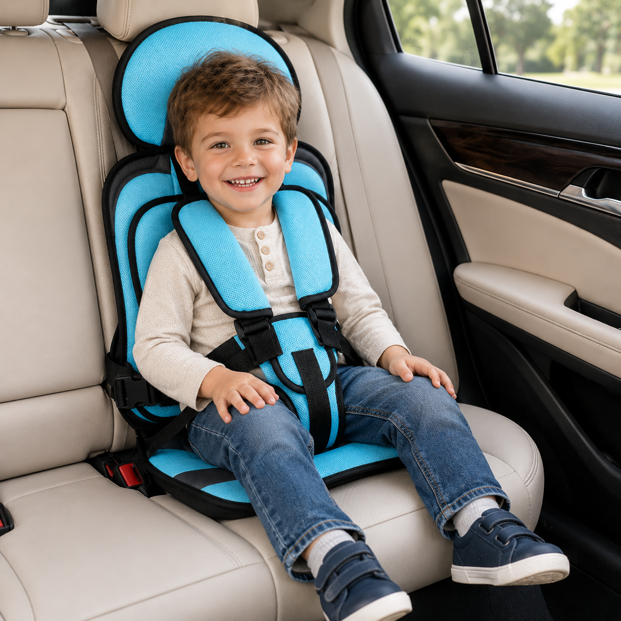 Travel Buddy Foldable Booster Car Seat With Five Point Harness For Travel Convenience