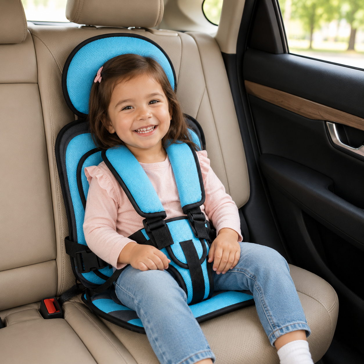 Travel Buddy Foldable Booster Car Seat With Five Point Harness For Travel Convenience