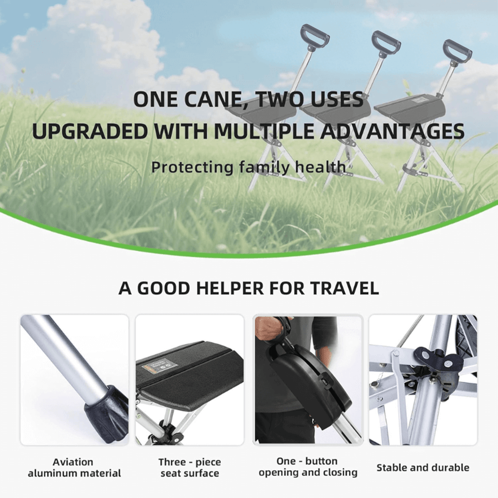 Travel Companion Foldable Walking Cane With Seat Height Adjustable Lightweight Outdoor Use