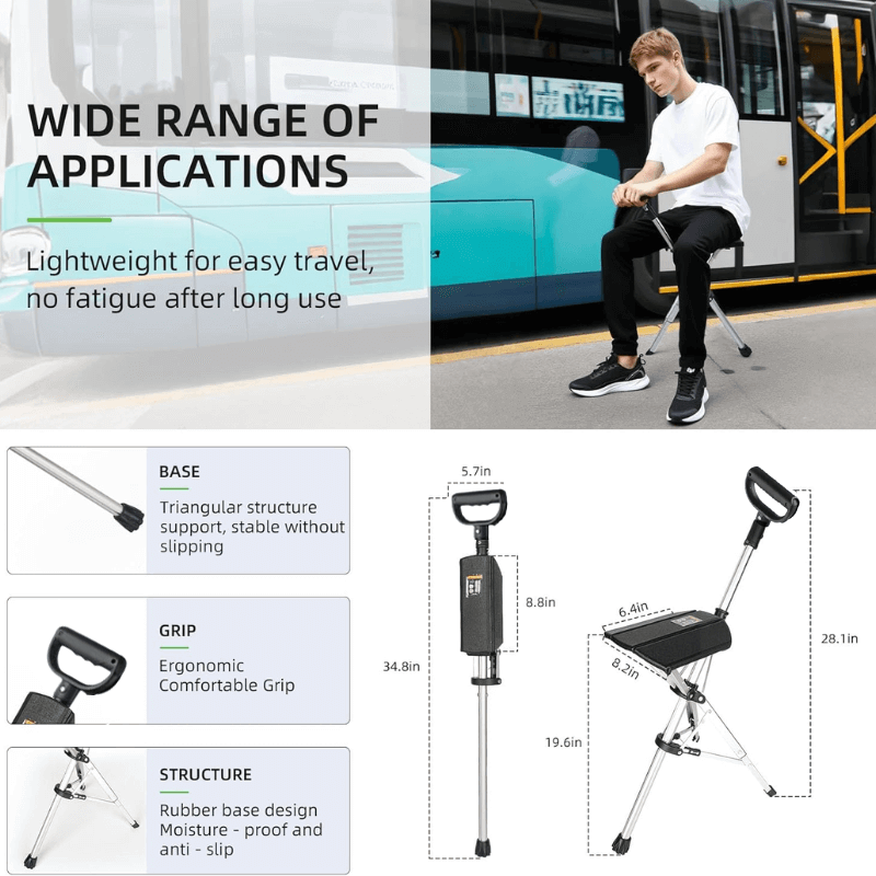 Travel Companion Foldable Walking Cane With Seat Height Adjustable Lightweight Outdoor Use