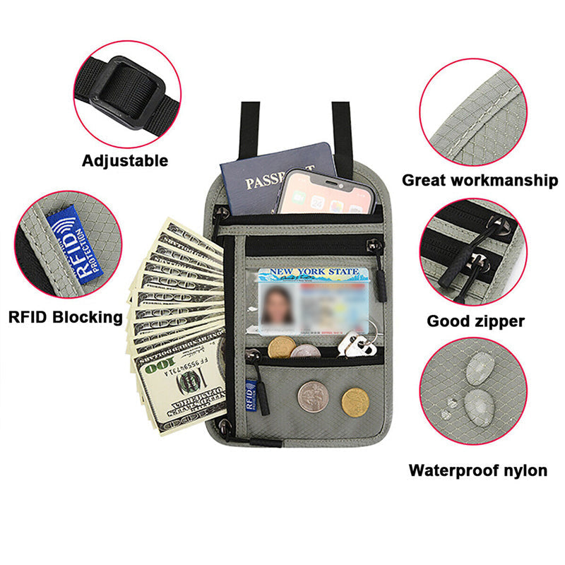 Travel Neck Pouch With RFID Blocking Passport Holder Water-Resistant