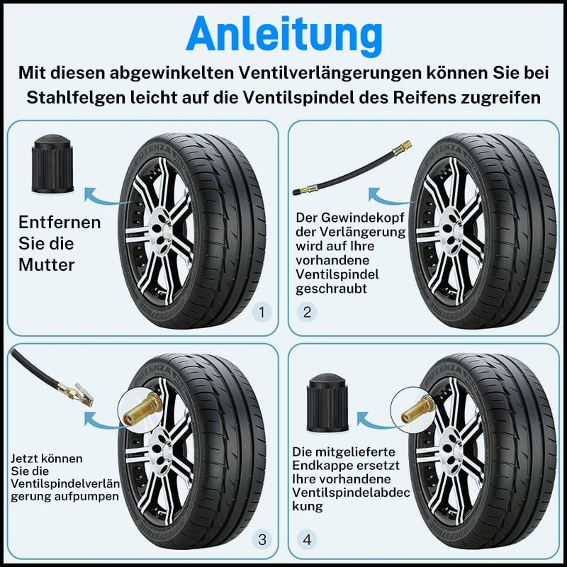 Universal Valve Extensions For Easy Tire Access And Quick Inflation