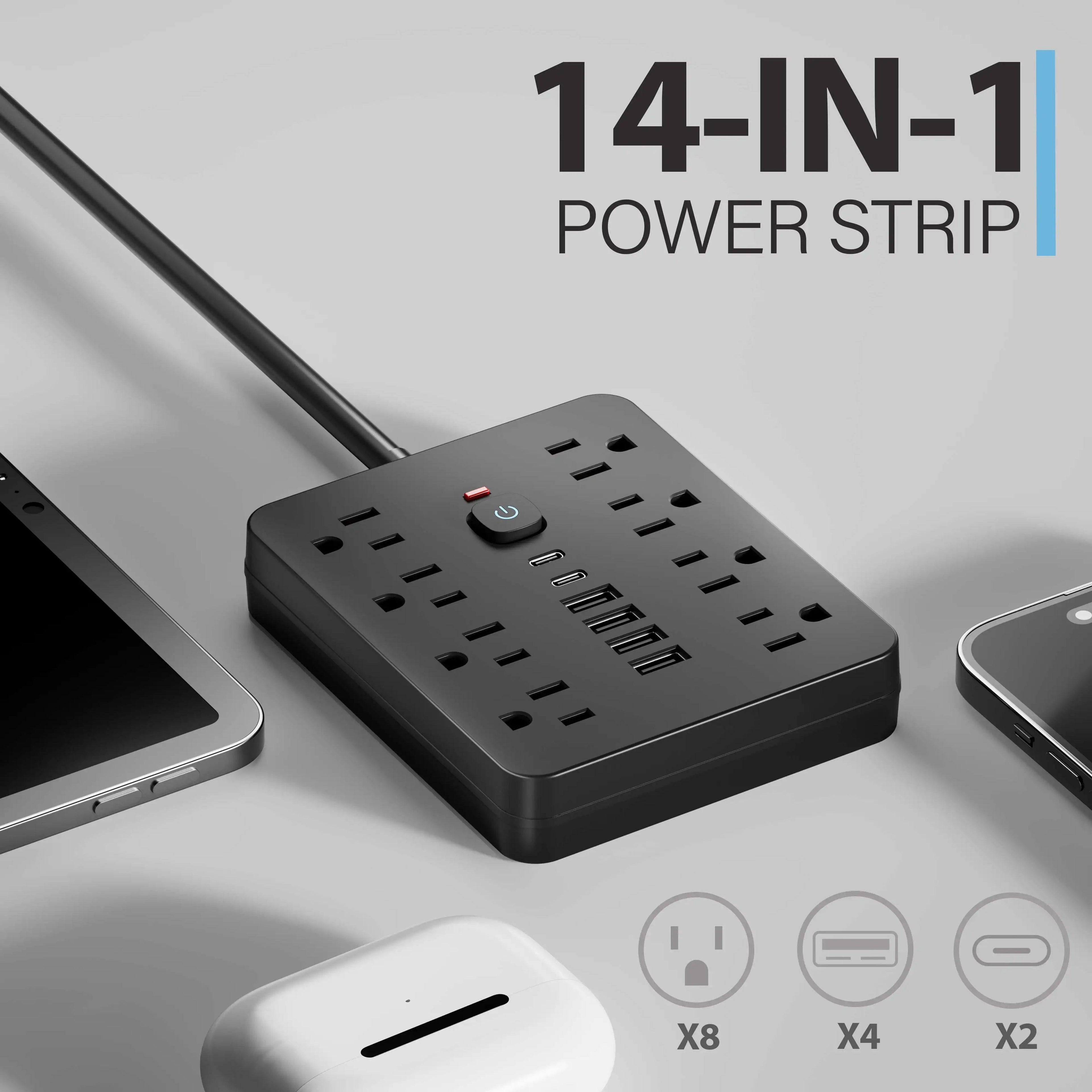 Versatile Power Hub Power Strip With Surge Protection And 8 AC Outlets And 4 USB Ports