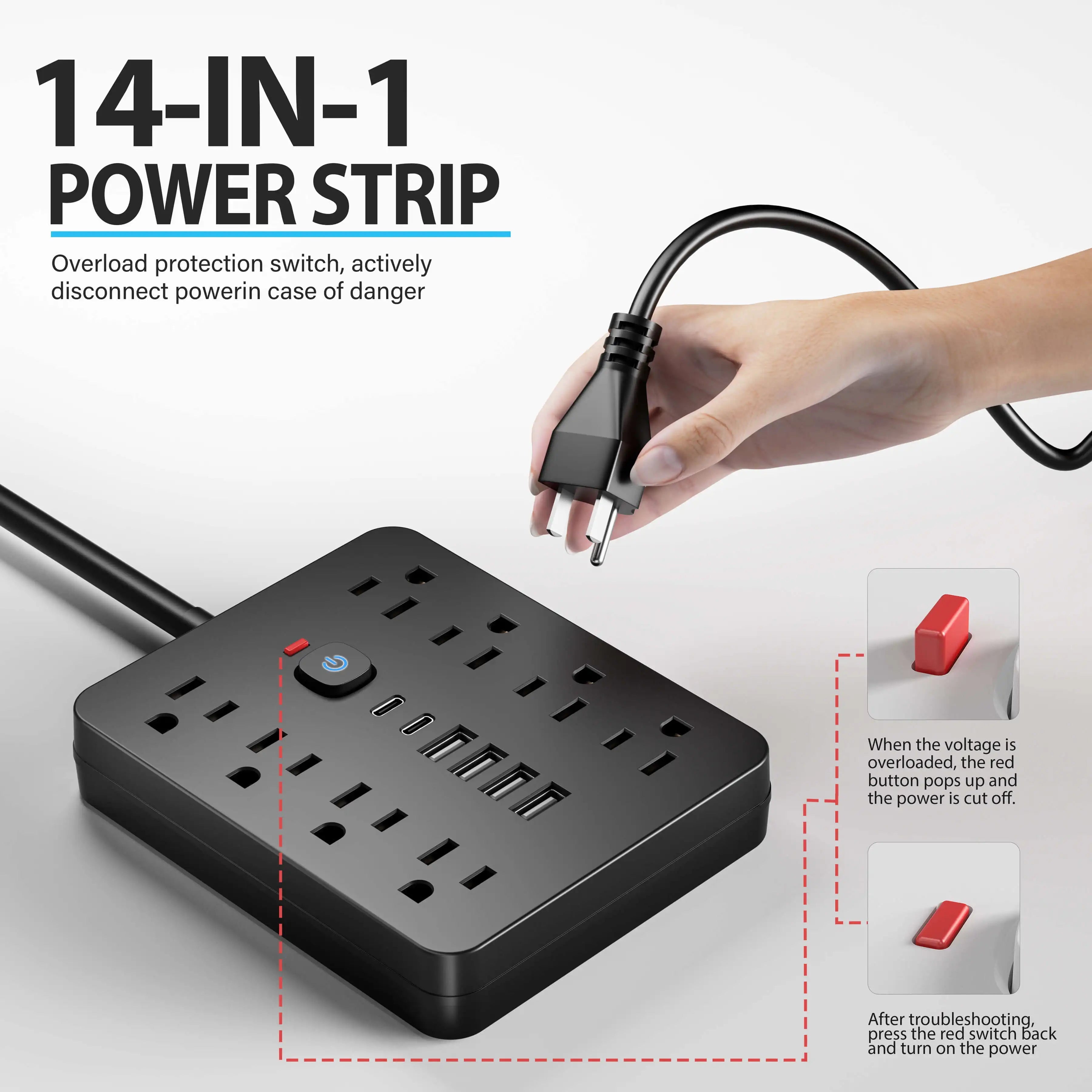 Versatile Power Hub Power Strip With Surge Protection And 8 AC Outlets And 4 USB Ports