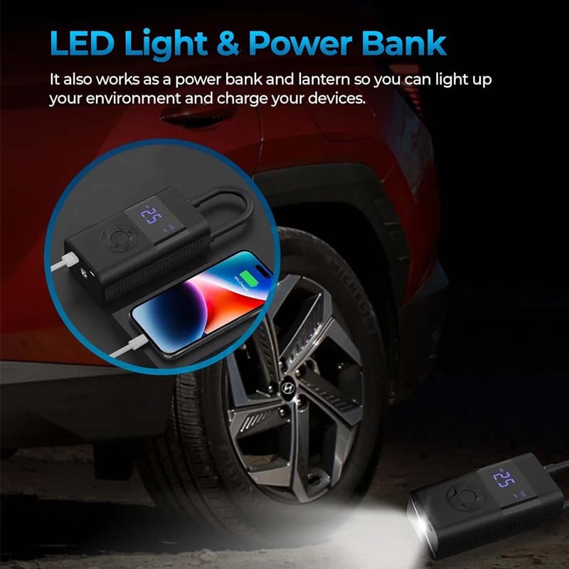 Tire Pump With LCD Screen And LED Light Portable Inflator For Cars And Bikes