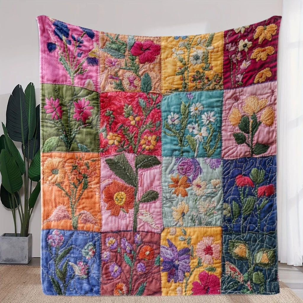 Vintage Bloom Floral Patchwork Blanket With Embroidery On Soft Flannel