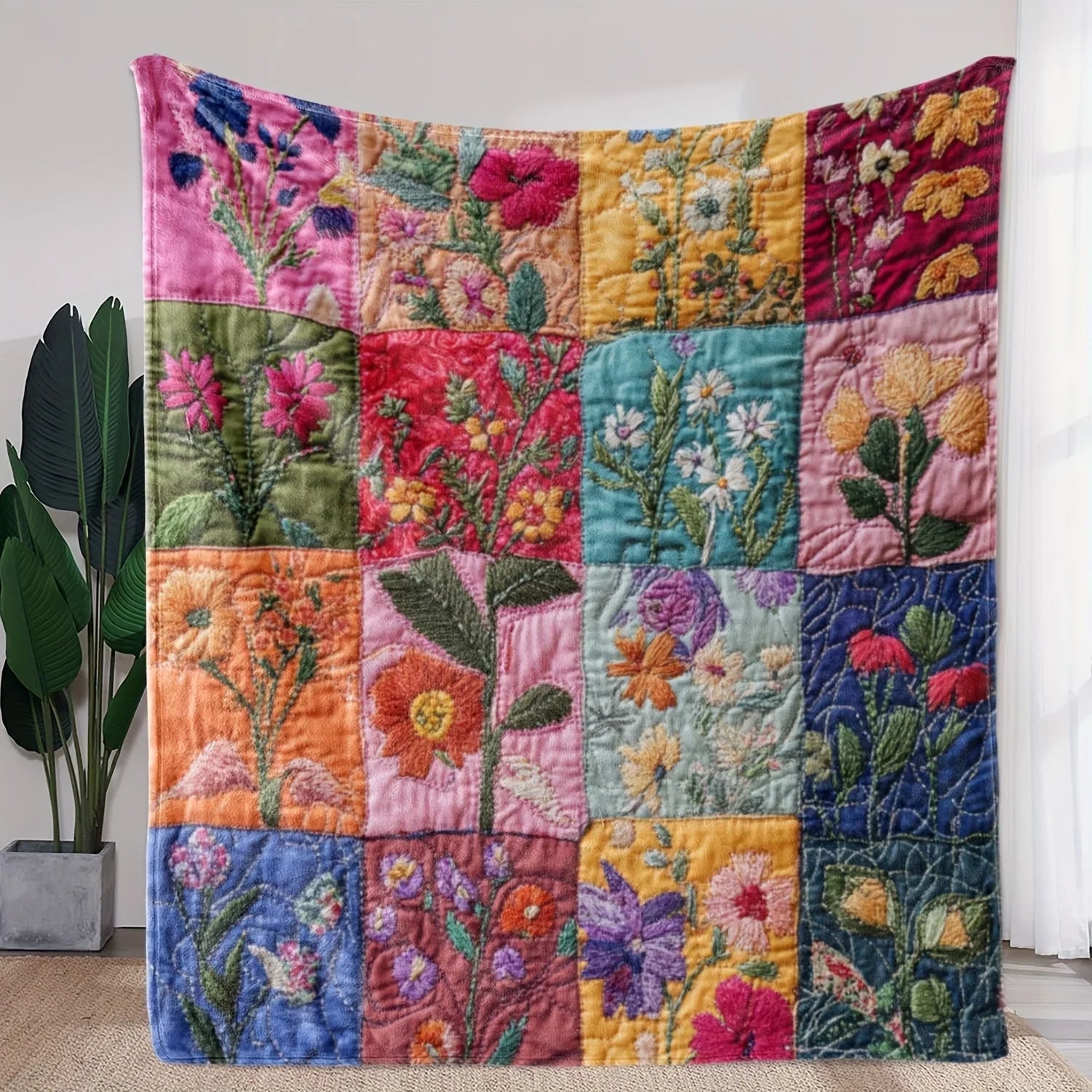 Vintage Bloom Floral Patchwork Blanket With Embroidery On Soft Flannel