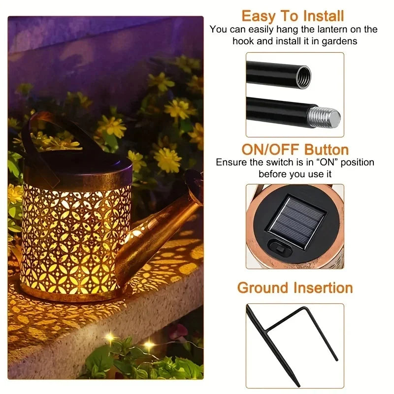Outdoor Spaces Glow With Whimsical Solar Lantern In Retro Watering Can Silhouette