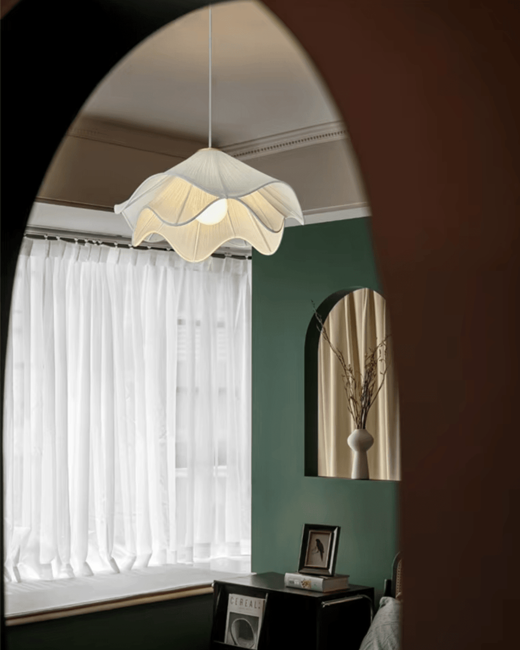 Florenza Pendant Light With Fabric Shade Petal Accent, Warm 3000K, 30cm