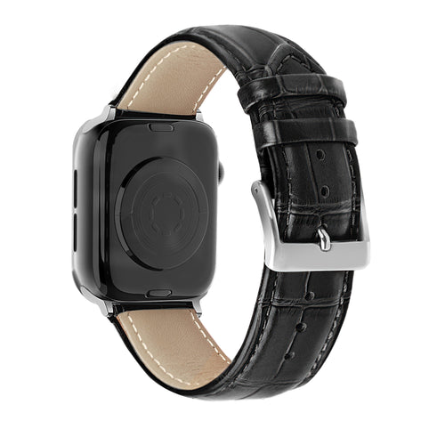 Apple Watch Black Leather Strap With Crocodile Grain Texture