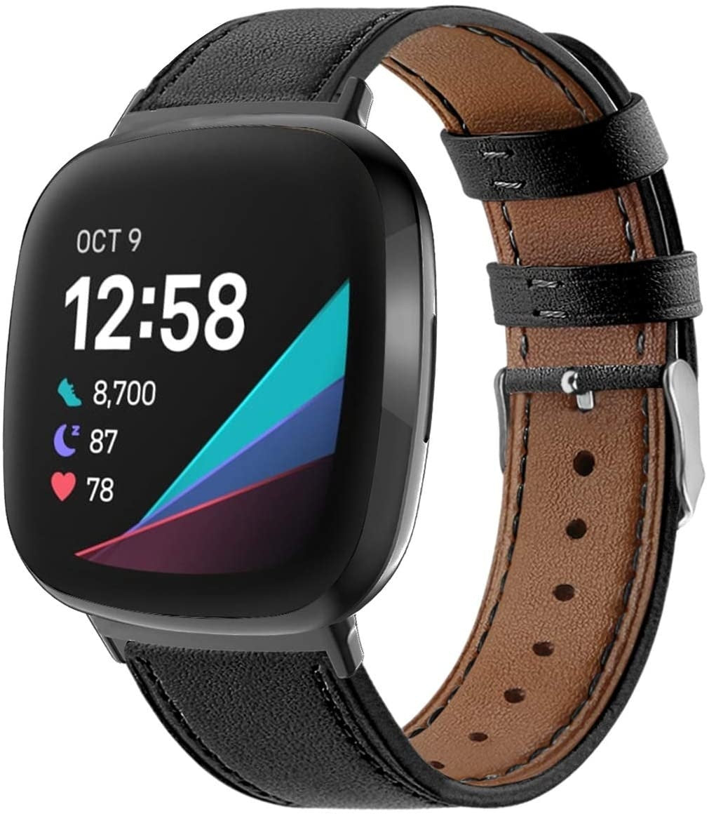 Smooth Black Leather Band Replacement For Fitbit Versa 3